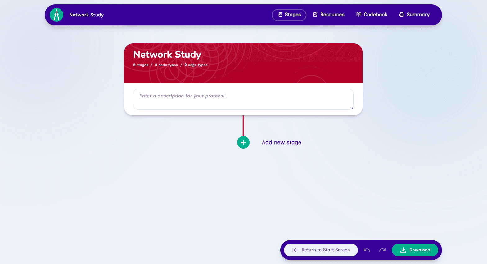 The protocol overview screen with an empty timeline.
