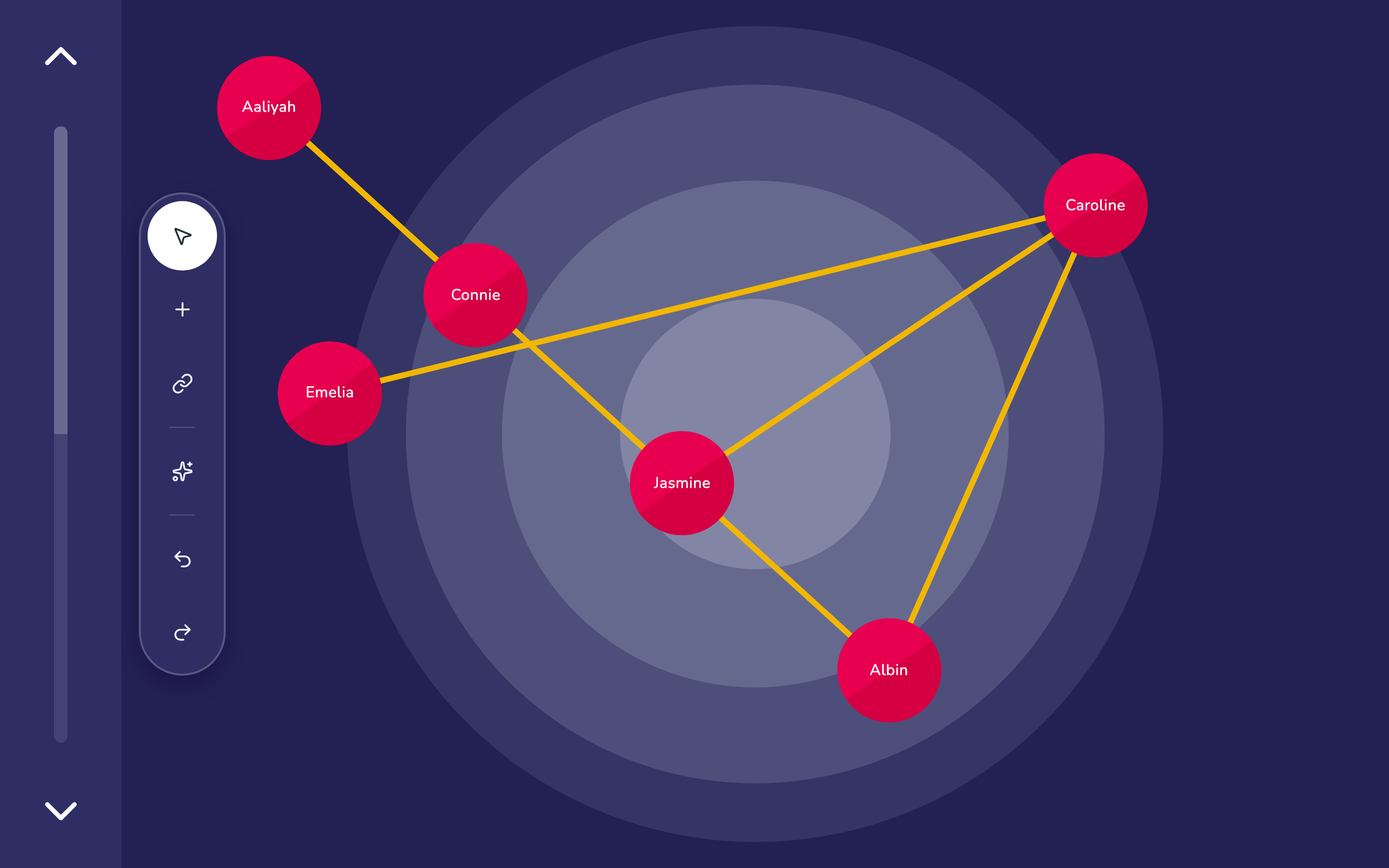 The Network Composer, with its floating tool palette beside a network drawn over a concentric-circles background